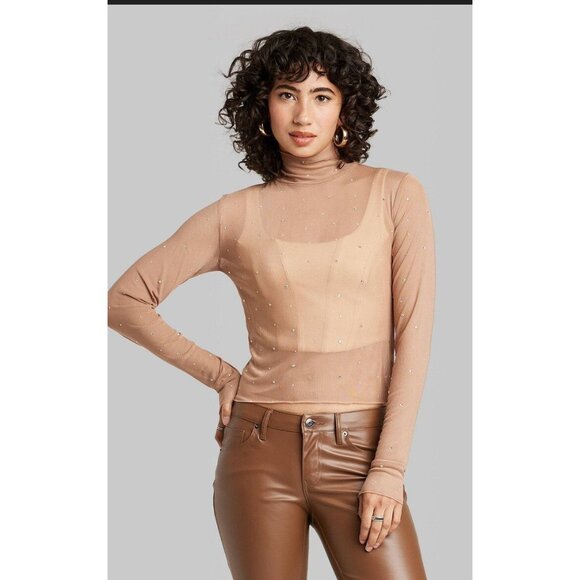 Wild Fable Light Brown Mesh Rhinestone Sheer Long Sleeve Top XS - Picture 1 of 6